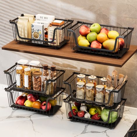 Paniers de Rangement Empilables en Métal Noir (Set de 4), Paniers de Cuisine pour Fruits, Légumes et Conserves, Organisation pour Garde-Manger