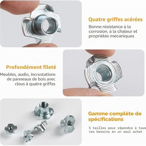 Écrou Inserts Acier Fileté M8 x 11 mm Écrous à Griffes T en Acier au Carbone Zingué Écrous Éntraînement Insert D'éCrous en T à Dents Quatre Meubles de Menuiserie (1/4)