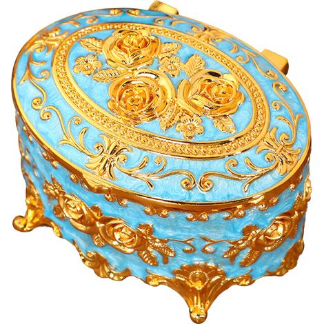 Boîte à bijoux style européen rose vintage luxueuse émaillée métal rangement coiffeuse bleu ciel (1/3)
