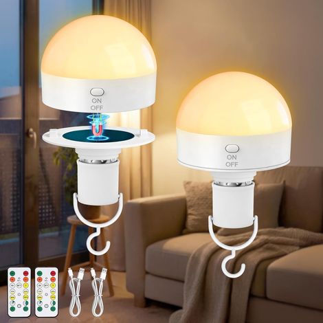 10 W Ampoule Rechargeable E27 avec Télécommande, 3 Couleurs, Lot de 2 Ampoule Rechargeable avec Batterie, Intensité Variable, Ampoules à Batterie, Magnétique Amovible Lampe de Camping Extérieure (1/5)