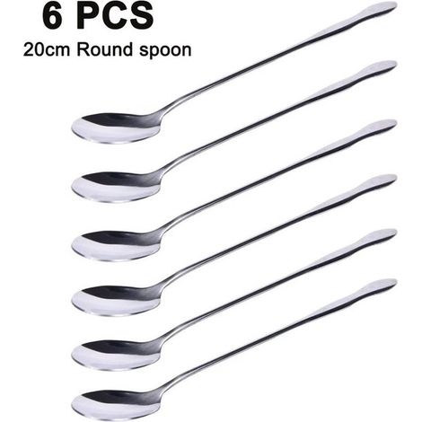 Set di 6 cucchiaini da gelato lunghi in acciaio inox, adatti per cocktail, tè, caffè, frappè e bevande fredde.