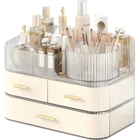 Organisateur de maquillage avec tiroirs pour coiffeuse, organisateur de rangement pour pinceaux de maquillage rotatif à 360°, grand organisateur de cosmétiques empilable pour salle de bain (crème) (1/4)