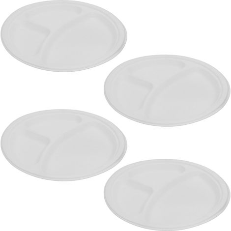 Lot de 100 assiettes jetables en pulpe de canne à sucre blanche, rondes, 25 cm, biodégradables, compostables et compatibles micro-ondes, à 3 compartiments. (1/5)