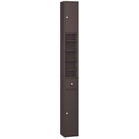 SoBuy Bathroom Cabinet Column, Narrow Storage Cabinet, 1 Drawer, 2 Doors and 5 Open Compartments, Adjustable Shelves, Brown, 20x20x180 cm, BZR34-II-BR