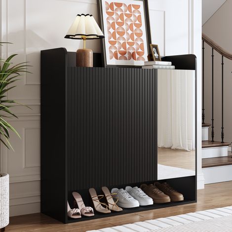 Scarpiera nera 110 cm, specchio a figura intera e frontale testurizzato, 3 ante con ripiani regolabili, capacità 18-24 paia, design moderno chic