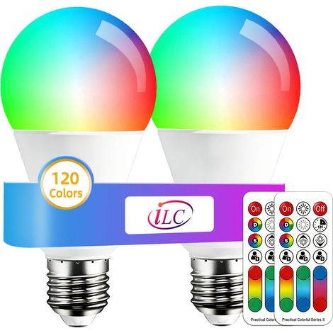Ampoule LED E27 RVB - Lot de 2 - Verre A60 10W - 120 Couleurs et Télécommande - Salon Chambre Fête - Blanc Chaud 2700K (1/5)