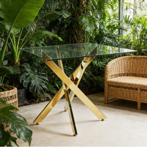 Table à manger carrée 80 x 80 x 75 cm en verre trempé et métal doré HAVRYA (1/5)