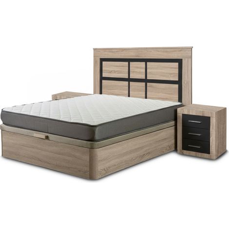 Pack Cama Canape, Cambria, 135cm + Colchón + Cabecero y 2 Mesitas de Noche, Cambria y Grafito