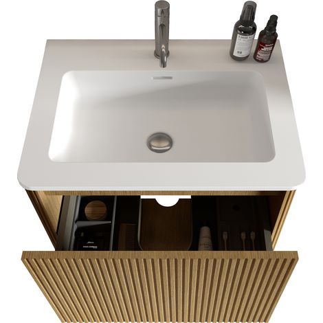 Lavabo avec meuble sous vasque pour petite salle de bain, vasque en résine minérale, design cannelé, 60 cm, meuble suspendu mural en chêne naturel, préassemblé (1/5)