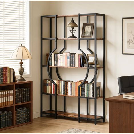Librería 5 niveles con estantes abiertos, en madera y metal, negro y marrón (1/5)