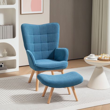 Akzentsessel mit Hocker, Relaxsessel in Cord-Optik, Armlehnstuhl mit Holzbeinen, für Wohnzimmer, Blau