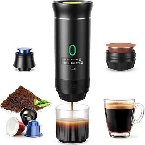 Cafetière Portable 3 en 1, Cafetiere Rechargeable Expresso Machine a Cafe compatible avec capsules Ness-preso, Dolce-Gusto et café moulu, pour Bureau, Maison, Voyage (1/5)