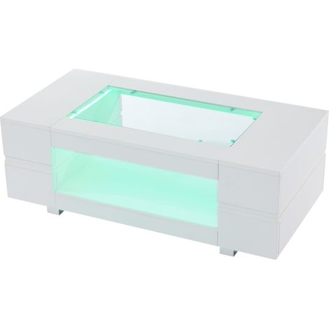 Table basse blanche LED avec contrôle Bluetooth par application, 100 x 50 x 35 cm, design creux, plateau en verre et rangement (1/5)