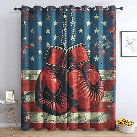 Rideau Occultant Boxe - Décoration Boxe, Rideau Thermique Motif Drapeau Américain Boxe Sport, Lot de 2 Rideaux Opaque à Oeillets pour Fenetre Chambre Salon, 140x160 cm (LxH) I469 - 2x L 140 X H 160 cm (1/5)