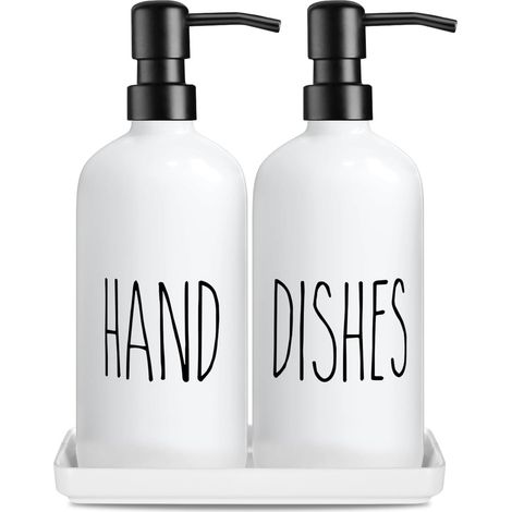 Premium Glass Soap Dispenser Set: Pack of 2 Liquid Soap Dispensers with Ceramic Saucer, 500 ML / 17 Oz Capacity, for Hand and Dishwashing Liquid (White) (1/5)