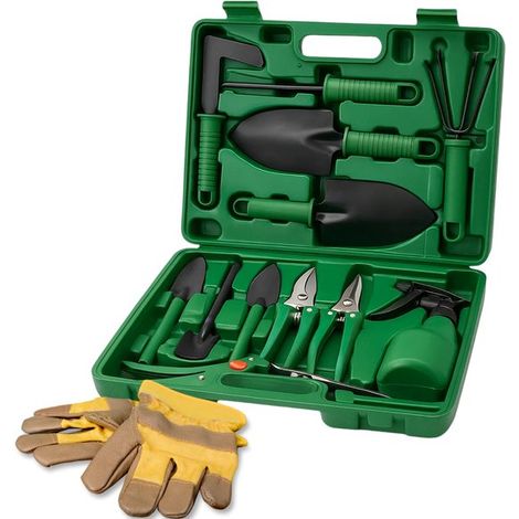 Ensemble de 10 outils de jardin : cisaille à gazon, truelle large, truelle étroite, râteau, sécateur, couteau à jointoyer, mini-râteau, mini-truelle large, mini-truelle, pulvérisateur pour plantes, co (1/5)