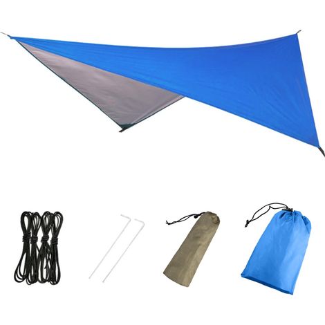 Bâche Anti-Pluie Tarp Bivouac Toile de Tente Imperméable Tapis de Sol Abri de Randonnée Parasol Auvent Anti UV pour Camping Trekking 02 Bleu 270 x 270 cm Diagonale (1/5)