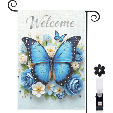 Drapeau de jardin Welcome tongs violettes et coquillages 30 x 45 cm décoration cour et balcon (1/5)