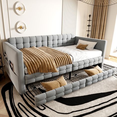 Canapé-lit capitonné velours gris clair 90x190 cm motif carreaux, lit simple d'appoint avec rangements latéraux et deux tiroirs sous le lit (sans Matelas) (1/5)