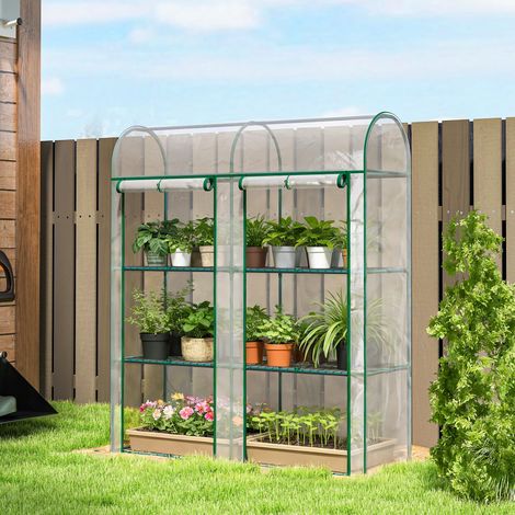 Serre de Jardin avec étagères 3 niveaux. Petite Serre en Bâche PVC et Châssis Acier. 2 Portes Roulantes. Transparent