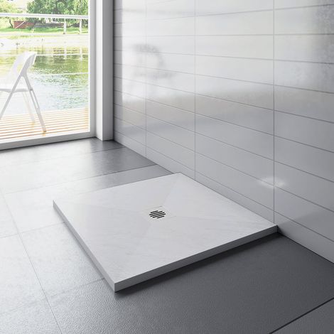 Aica Sanitaire – Receveur de douche 80x80cm carré extra plat blanc – Antidérapant C3 – Grille inox incluse – Installation facile pour accès sécurisé (1/4)