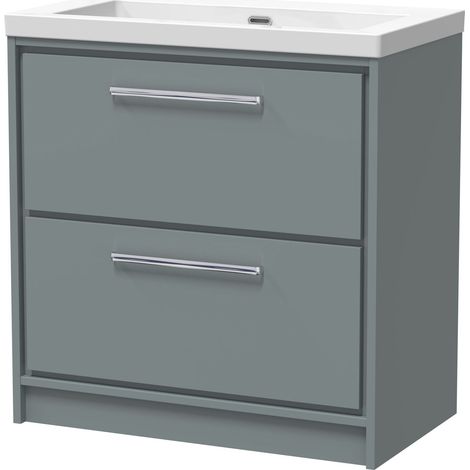 Balterley Longnor Modern Bathroom 2 Soft-Close Drawer Floor Standing Vanity Unit Fireclay Basin, Coastal Grey, 800mm