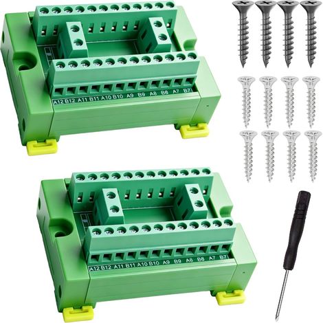 2 pièces Module de distribution à bornes 10A/300V, carte de distribution 2x12, AWG 12-24, montage sur rail DIN avec vis, tournevis pour circuits électroniques DIY (1/5)