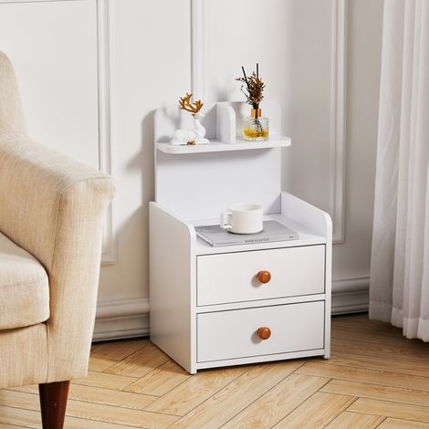 Wood Storage Nightstand Shelf with 2 Drawers, White (1/5)