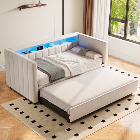 Canapé-lit 90 x 200 cm extensible en velours beige avec LED, USB-C et rangement (1/5)