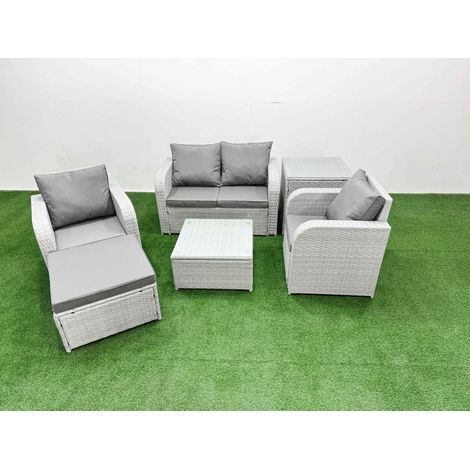 Fimous Light Grey PE Wicker Rattan Garden Furniture Set Sofa Set Reclining Adjustable Chair Square Coffee Table 5 Seater With Footstool Side Table (1/4)