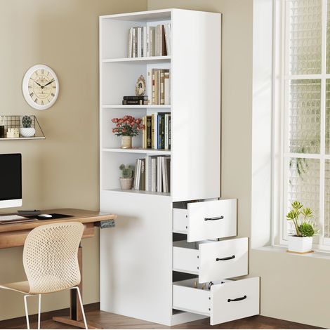Bibliothèque haute 180 cm étroite avec 3 tiroirs latéraux, 4 étagères, blanche REDOM (1/5)