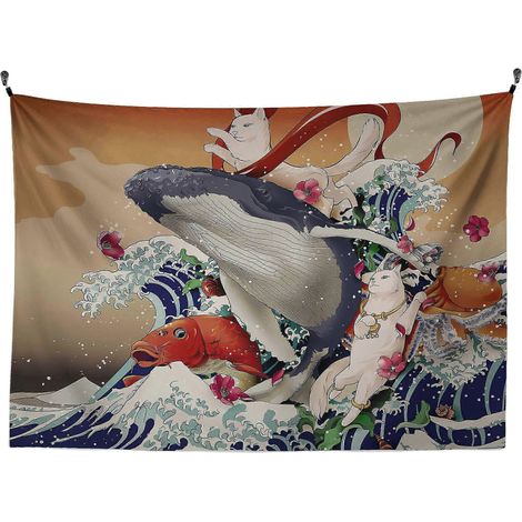 Tapisserie murale Ukiyoe représentant un chat surfant sur une baleine 2025 (1/5)
