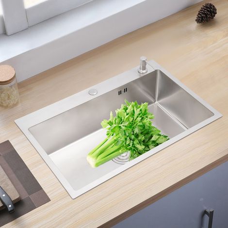 Fregadero de cocina de acero inoxidable, lavabo con dispensador de jabón, fregaderos de cocina 68x45 cm (1/5)