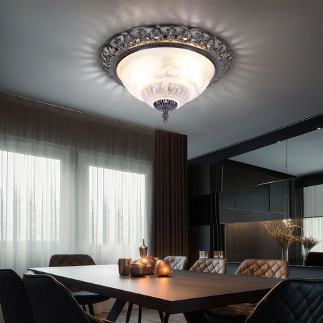 Lampada da soffitto bianca da soggiorno, plafoniera argento antico rotonda, lampada retrò, elementi decorati in madreperla, metallo, 2x prese E14, DxH 33x17 cm