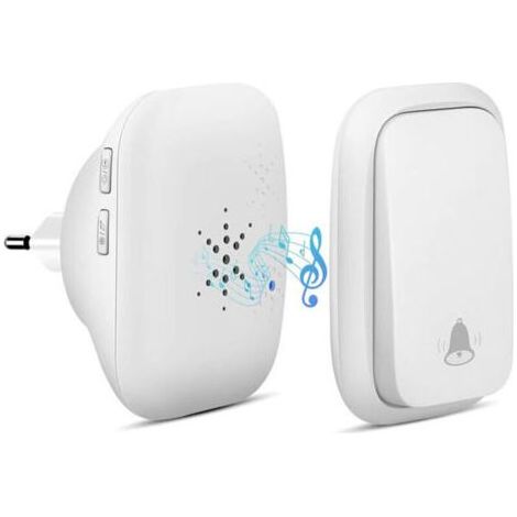 Sonnette sans fil, auto-alimentée, sans piles, portée de 150 m, bouton étanche, 38 sonneries, 3 niveaux de volume et LED - Blanc, (1/4)