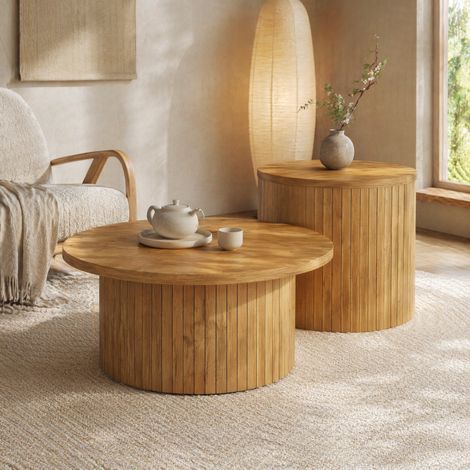 Mesa de centro redonda doble (86.36x81.28x21.34 cm), diseño minimalista, bordes redondeados, MDF natural (1/5)