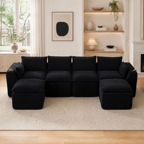 Sofá modular de 4 plazas en pana negra 322/161/75 cm con bolsillos laterales y cojines (1/5)