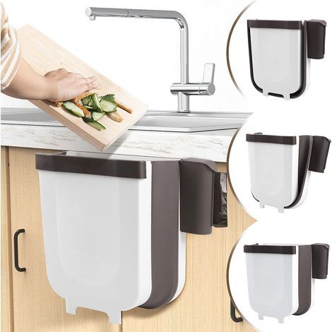 Poubelle à suspendre pour cuisine ou salle de bain avec porte-sac poubelle pour cuisine, cabinet et porte – 9 l Blanc. (1/3)