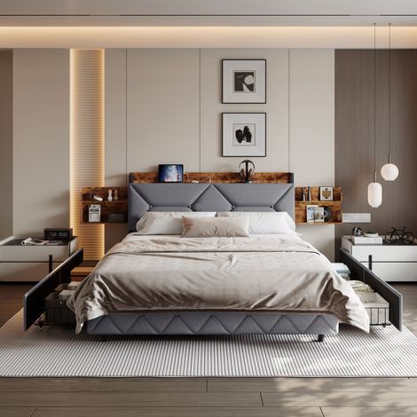 Lit 160x200 avec sommier, cadre de lit à ports usb, tête de lit avec rangement et 4 tiroirs, lit capitonné pour adultes, gris velours (1/5)
