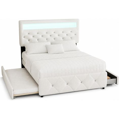 Lit double 140x200 blanc avec lit gigogne, 2 tiroirs, tête de lit réglable et bande lumineuse, design élégant pour chambre moderne CHICFURN (1/5)