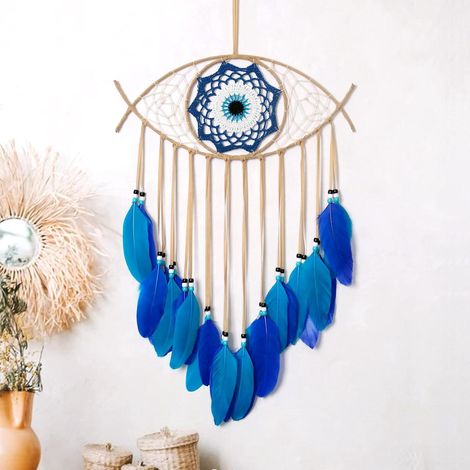 Attrape-rêves œil maléfique tissé main, plume blanche, décoration murale pour maison, porte-bonheur cadeau, bleu/marron (1/5)