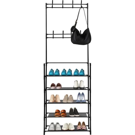 Étagère à chaussures multifonction à 5 étages avec porte-manteau, 8 crochets en polypropylène et acier, noir, pour entrée, couloir, salon et bureau (1/5)