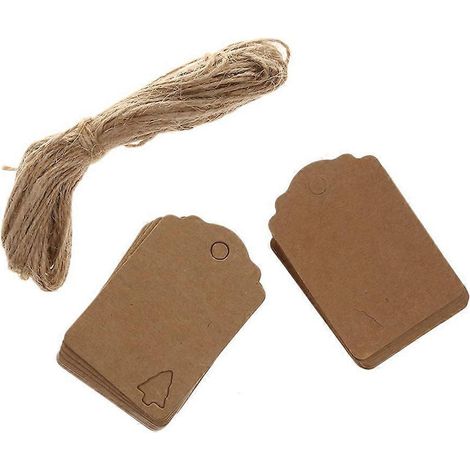 Lot de 100 étiquettes cadeaux de Noël à suspendre, avec corde de chanvre de 10 m, en papier kraft, décorées d'un sapin de Noël creux (marron).-Brown (1/2)