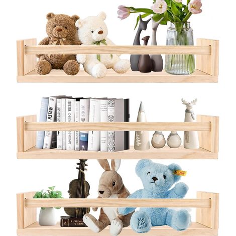 3 Pièces Étagère Murale Bois 42 x 10 x 9 cm, Étagère Murale Enfant en Pin Clair, Tablette Flottante avec Vis et Chevilles pour Chambre et Salon (1/5)