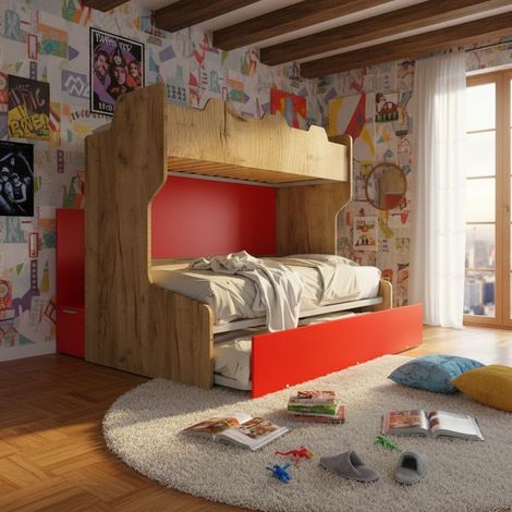 Letto a castello salvaspazio con scala contenitore - 1 Piazza e mezza + singolo - Quercia e Rosso (1/5)