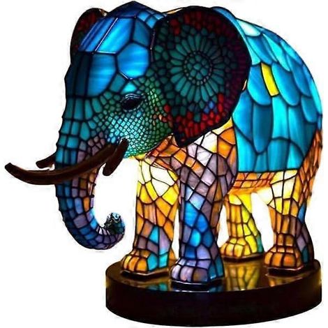 Lampe de table animalière colorée, lampe éléphant, lampe de chevet rétro style Tiffany, veilleuse bohème en résine pour chambre - 15 cm (1/5)