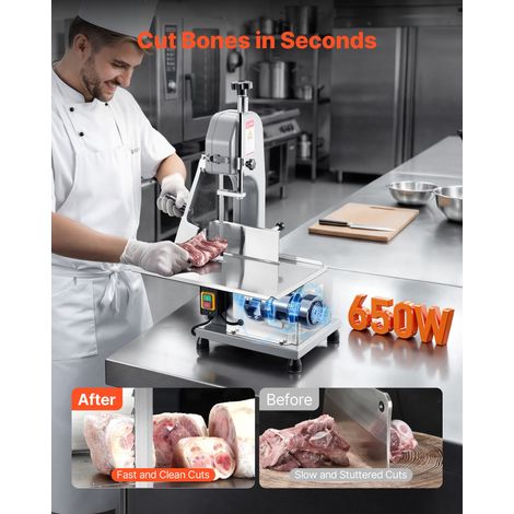 Scie à os de boucher électrique commerciale, scie à ruban de comptoir pour os 650 W, scie pour viande et os congelés, table 415 x 483 mm, épaisseur de max 110 mm pour supermarché, restaurant (1/5)