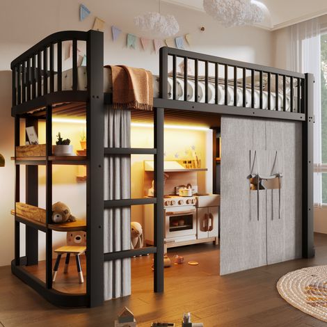 Lit mezzanine enfant 90x200 cm en métal avec rideaux occultants, lit haut niveau inférieur modulable, éclairage LED, lit gain de place, noir (1/5)