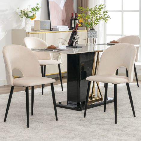 4 chaises salle à manger design, fauteuils velours beige, piètement métal réglable, dossier motif diamant, assise confortable
