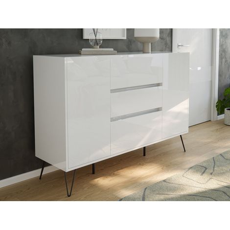 Design Sideboard Kommode Daro 140cm Greifraum 3 SoftClose 2 Türen Weiß hochglanz (1/5)